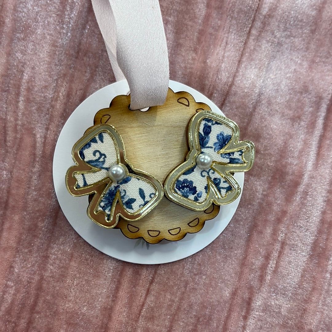 Blue Floral Bow Stud Earrings