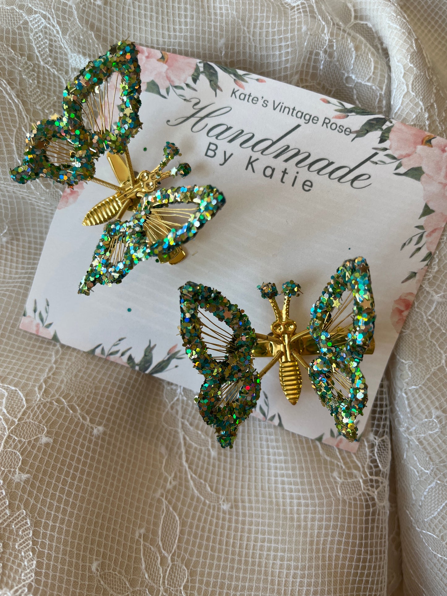 Bespoke Glitter Dipped Butterfly Hair Clip (Set of 2) Gold/Green