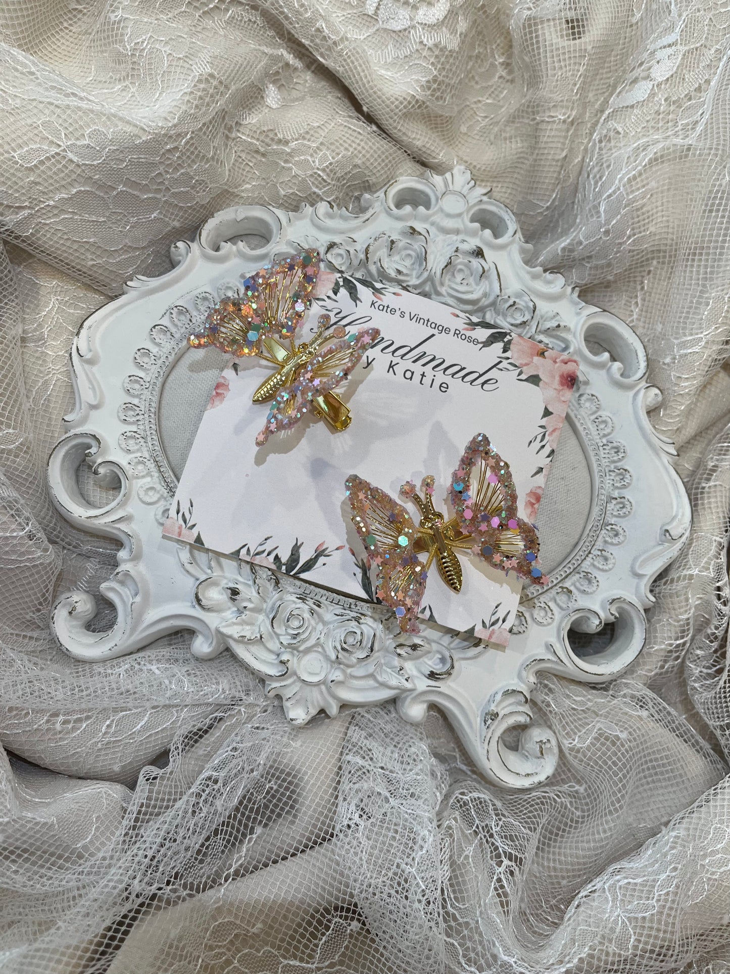 Bespoke Handmade Butterfly Hair Clip Set- Gold/Pink Confetti Glitter Dipped