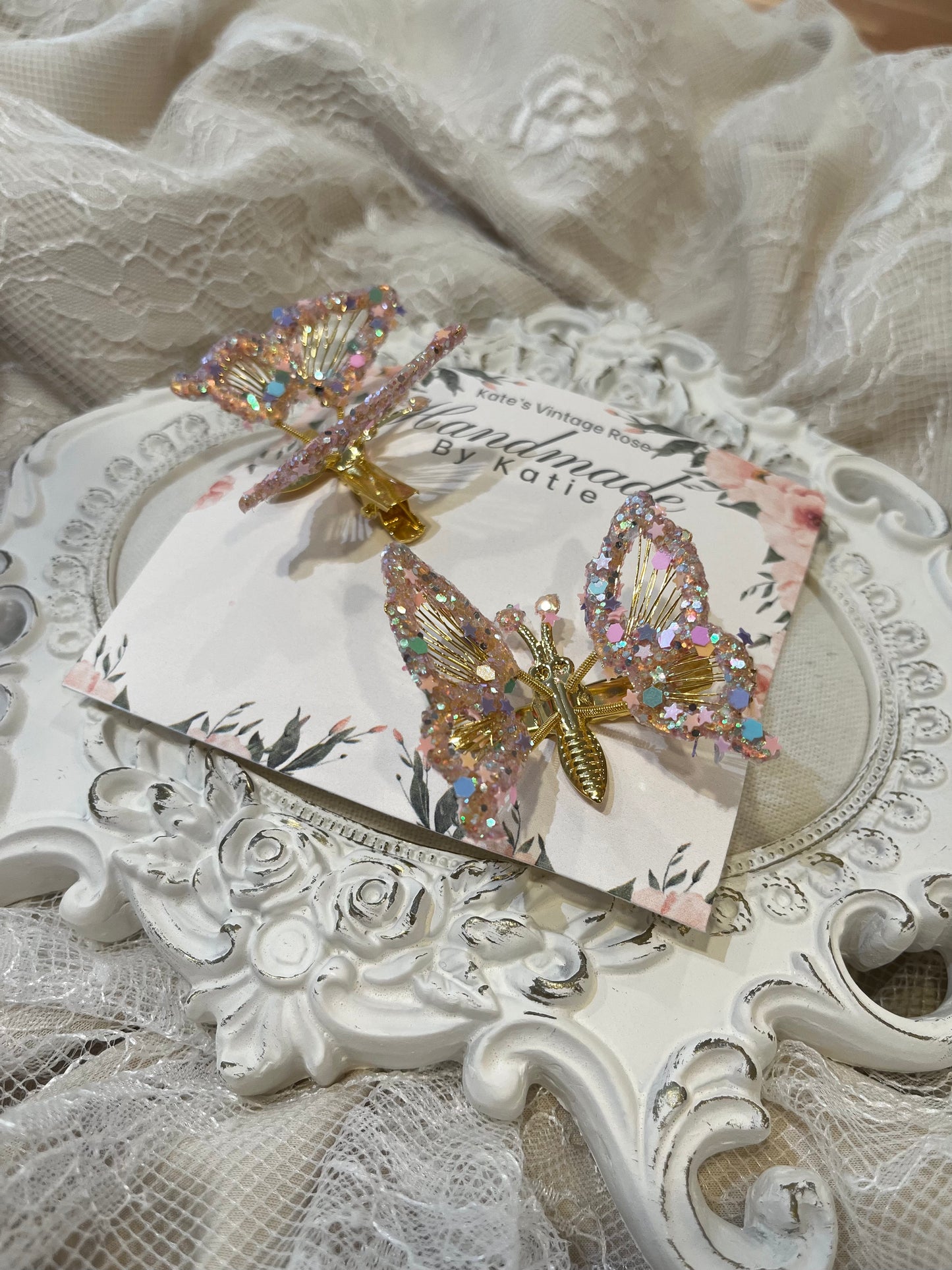 Bespoke Handmade Butterfly Hair Clip Set- Gold/Pink Confetti Glitter Dipped
