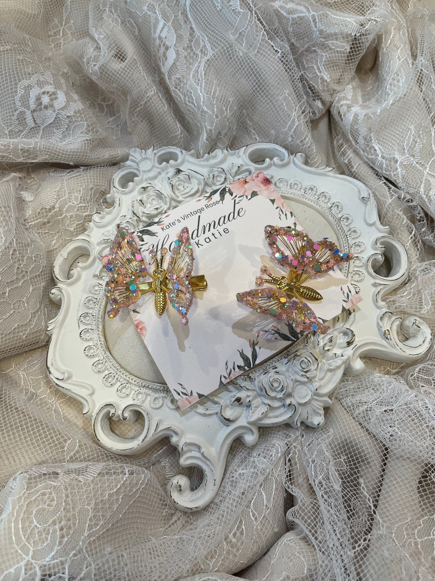 Bespoke Handmade Butterfly Hair Clip Set- Gold/Pink Confetti Glitter Dipped