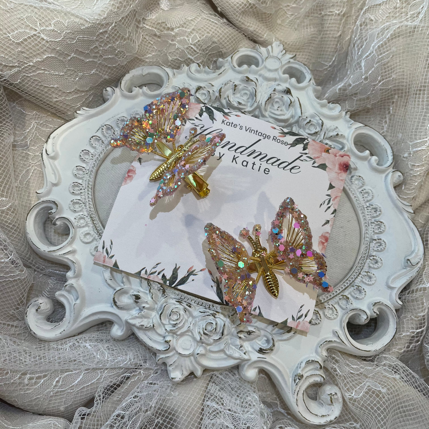 Bespoke Handmade Butterfly Hair Clip Set- Gold/Pink Confetti Glitter Dipped