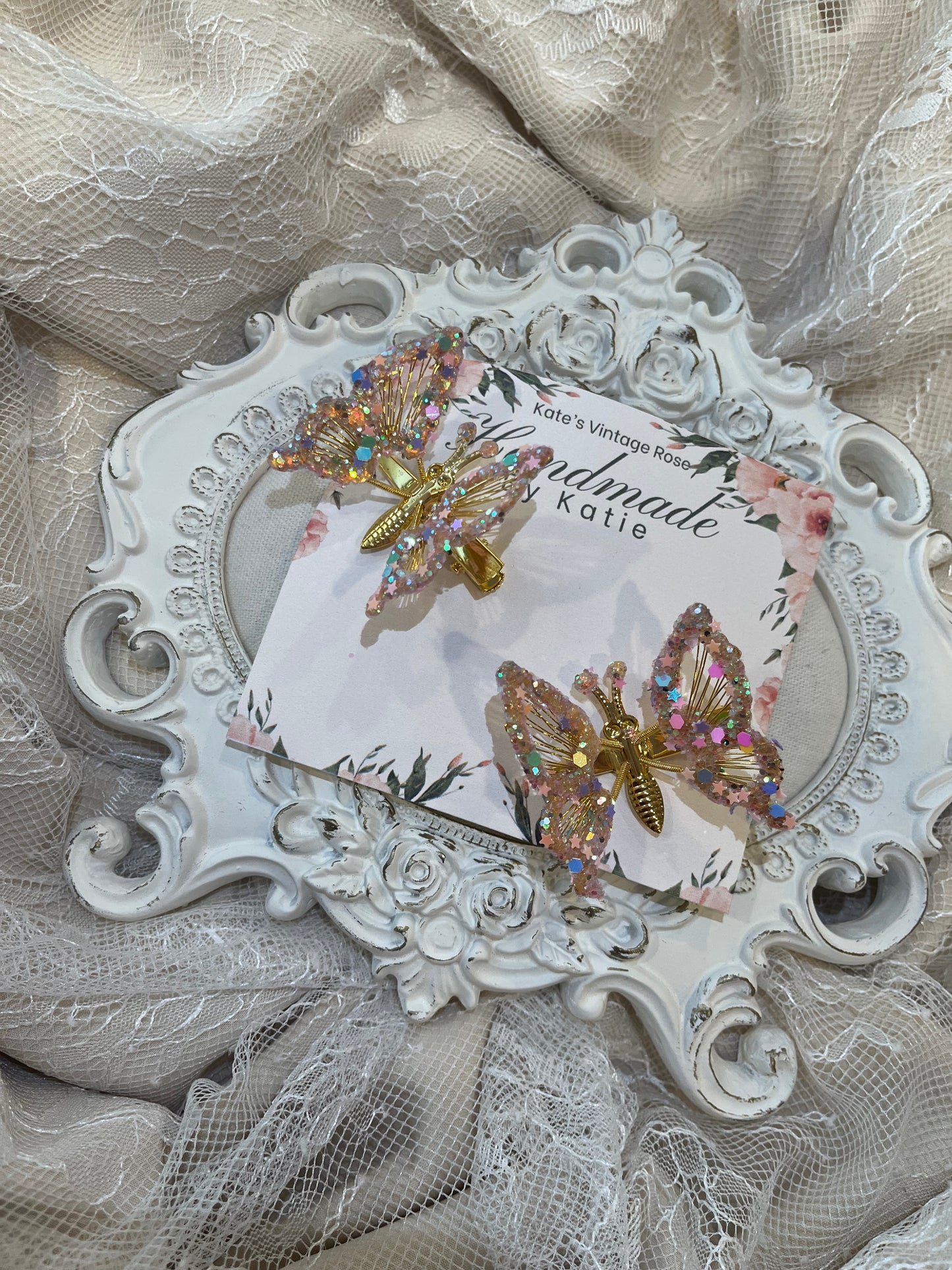 Bespoke Handmade Butterfly Hair Clip Set- Gold/Pink Confetti Glitter Dipped