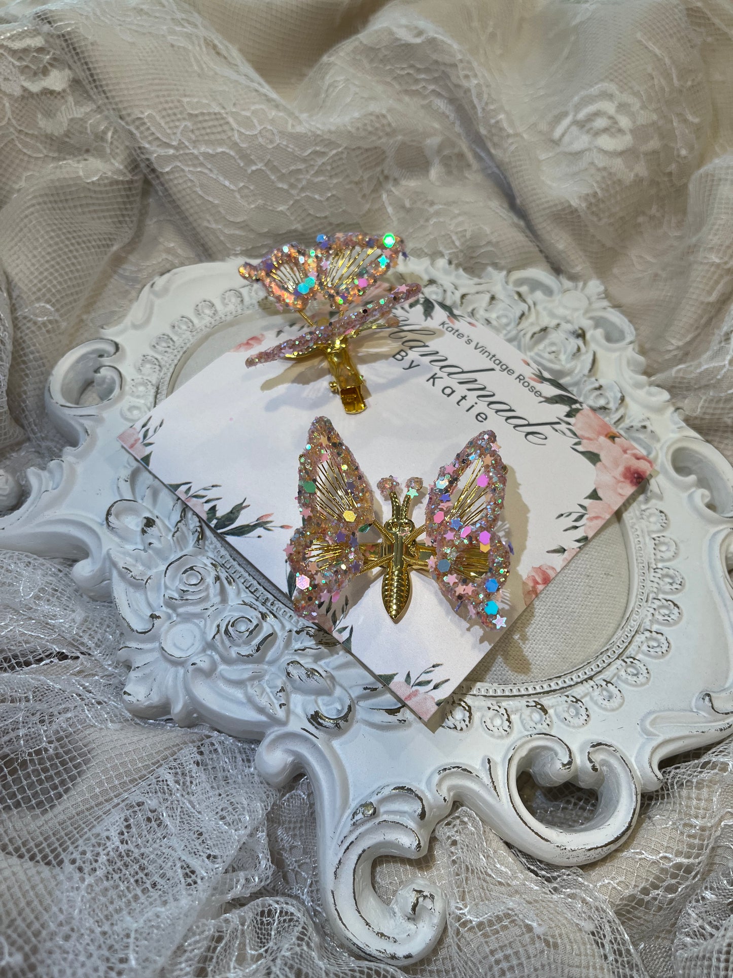 Bespoke Handmade Butterfly Hair Clip Set- Gold/Pink Confetti Glitter Dipped