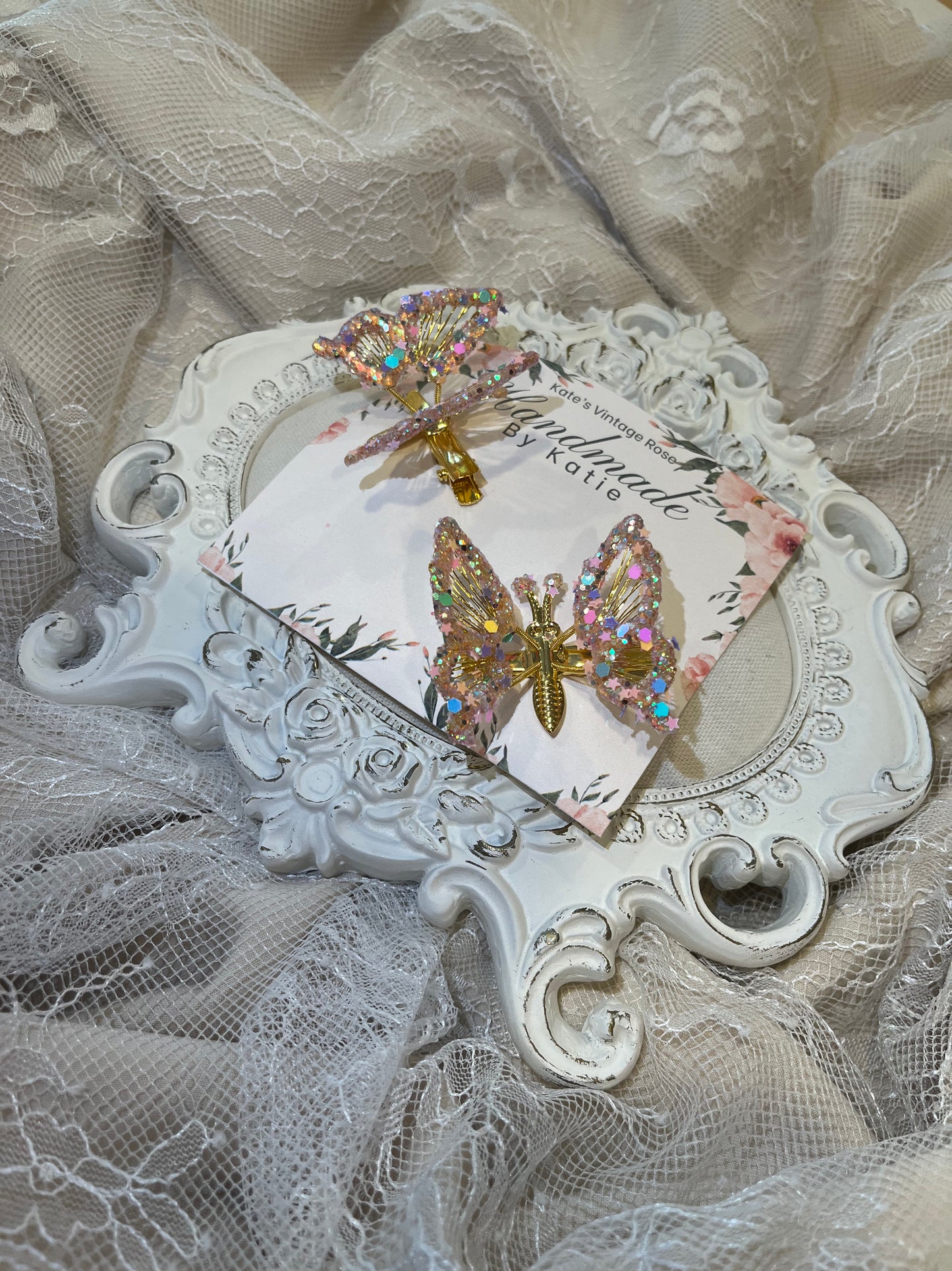 Bespoke Handmade Butterfly Hair Clip Set- Gold/Pink Confetti Glitter Dipped