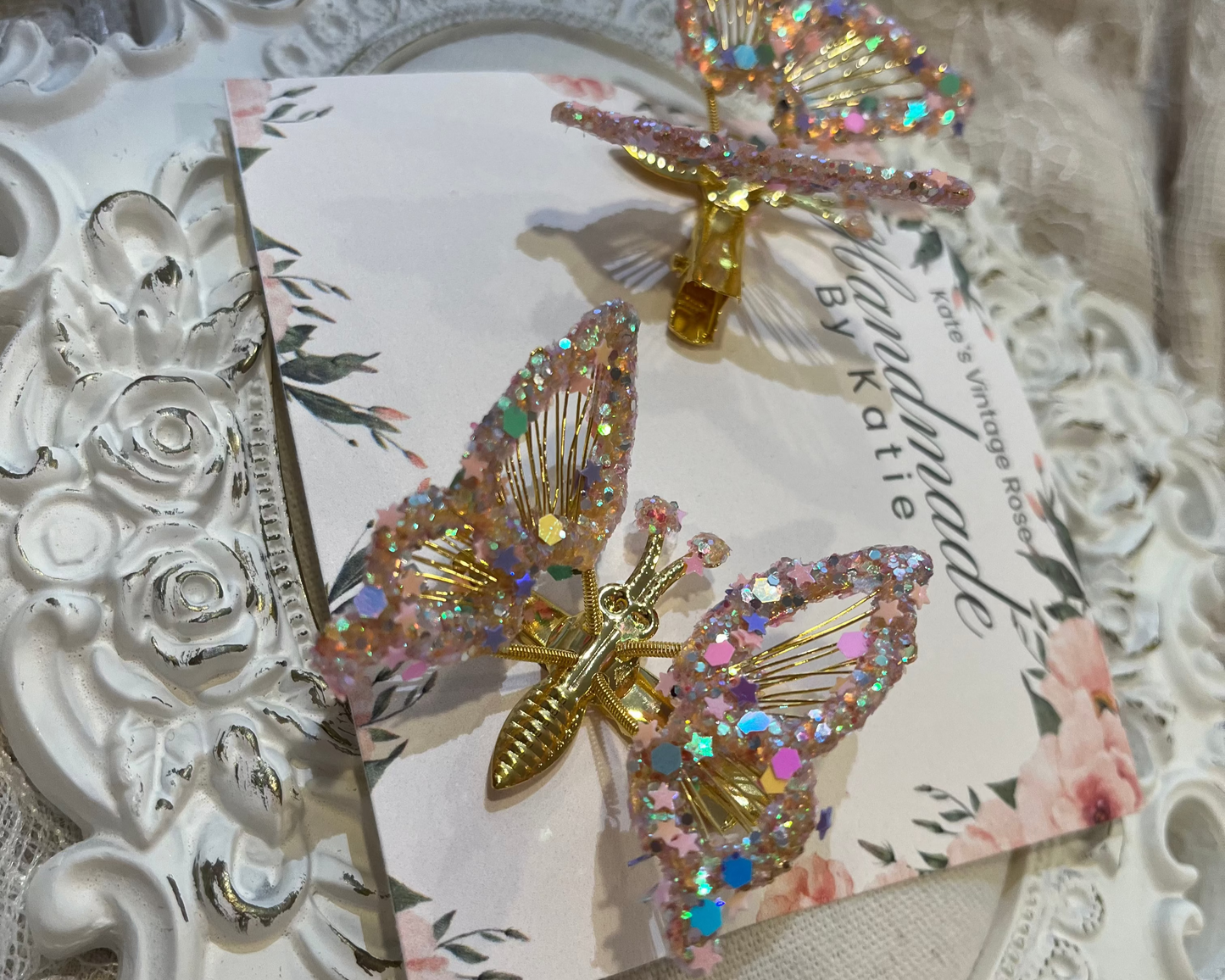 Bespoke Handmade Butterfly Hair Clip Set- Gold/Pink Confetti Glitter Dipped