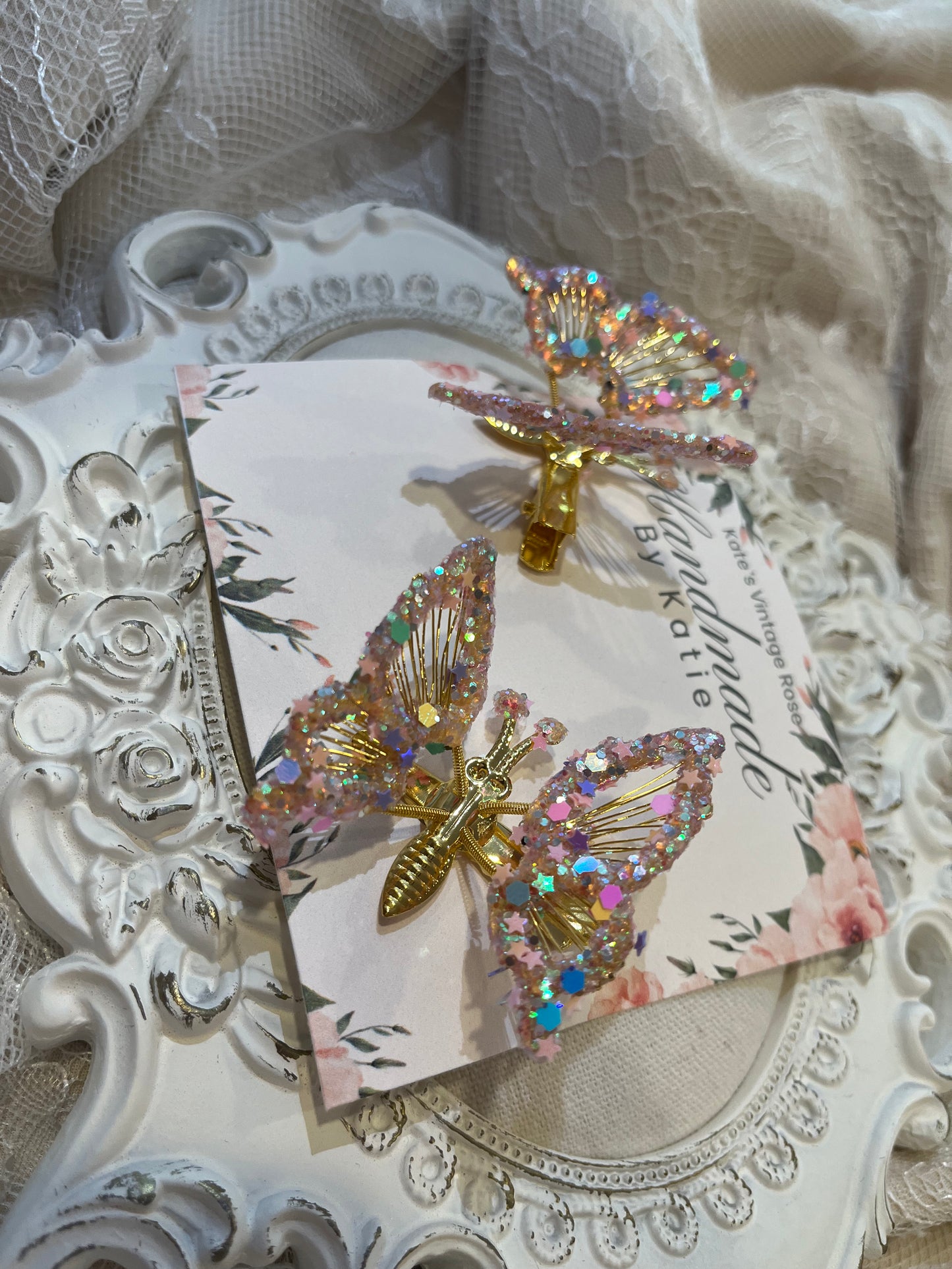 Bespoke Handmade Butterfly Hair Clip Set- Gold/Pink Confetti Glitter Dipped