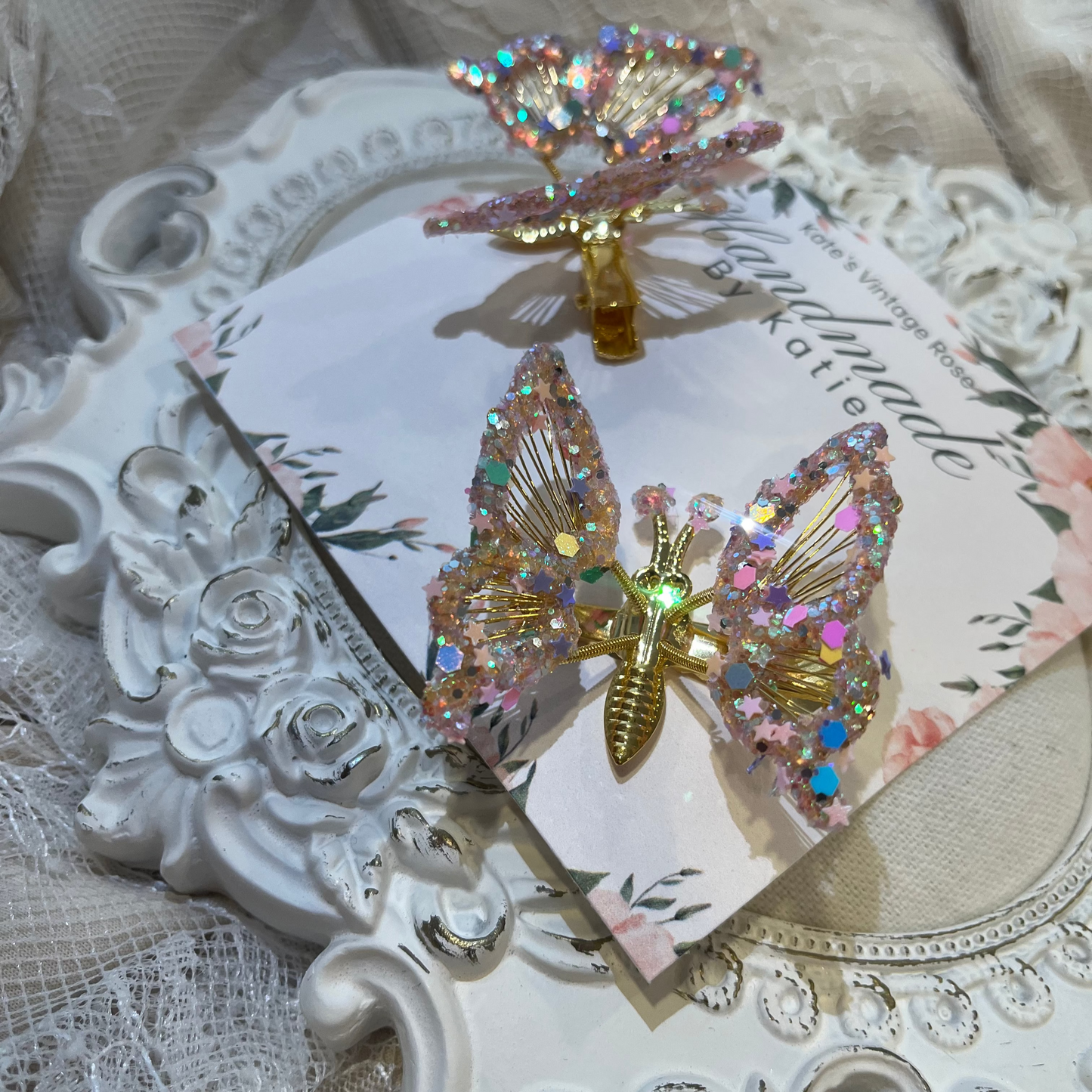 Bespoke Handmade Butterfly Hair Clip Set- Gold/Pink Confetti Glitter Dipped