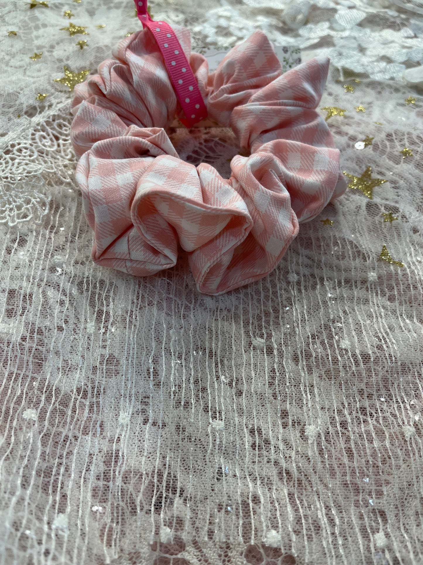 Pink Gingham Cotton Around The Bun Scrunchie