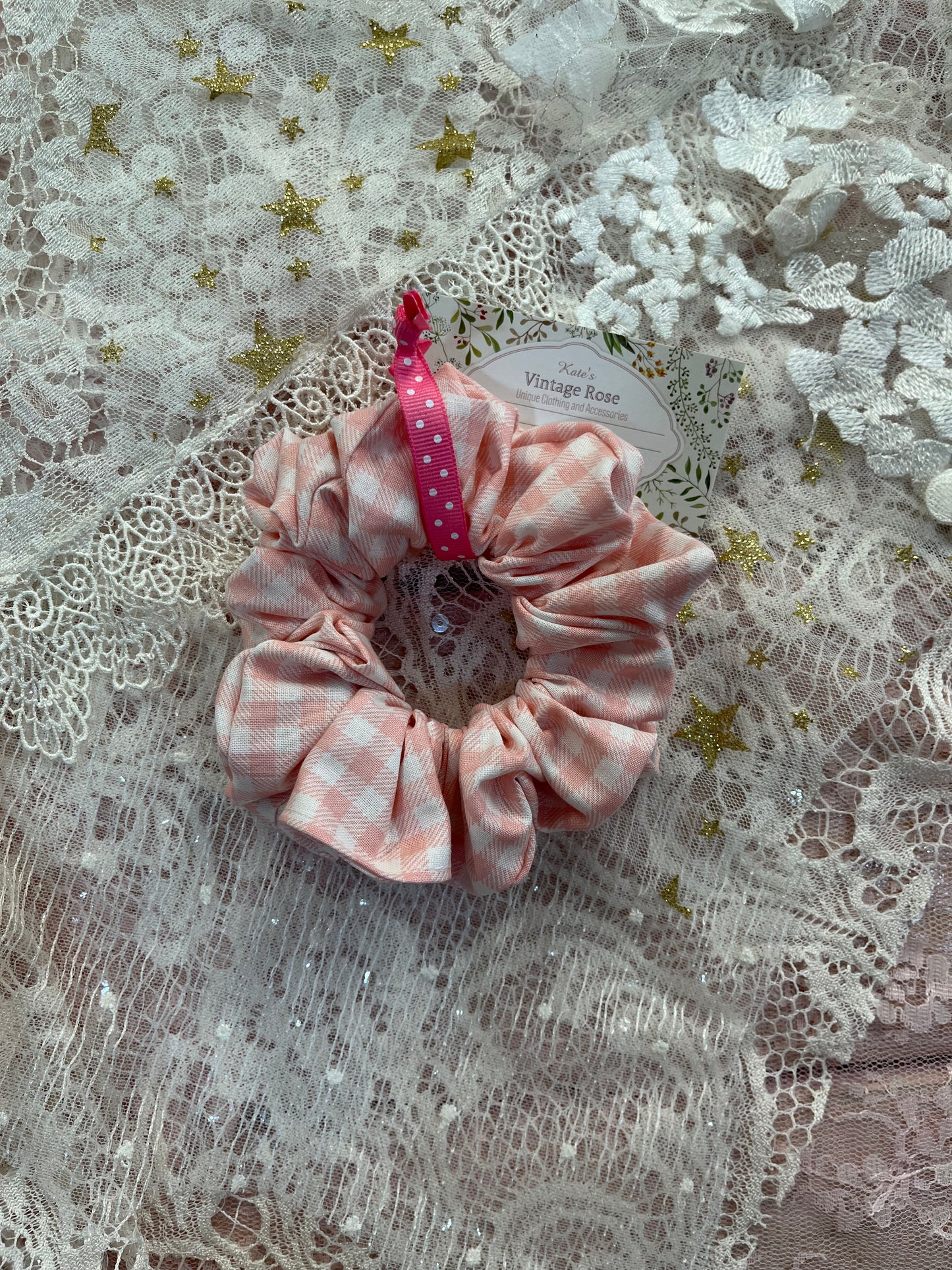 Pink Gingham Cotton Around The Bun Scrunchie