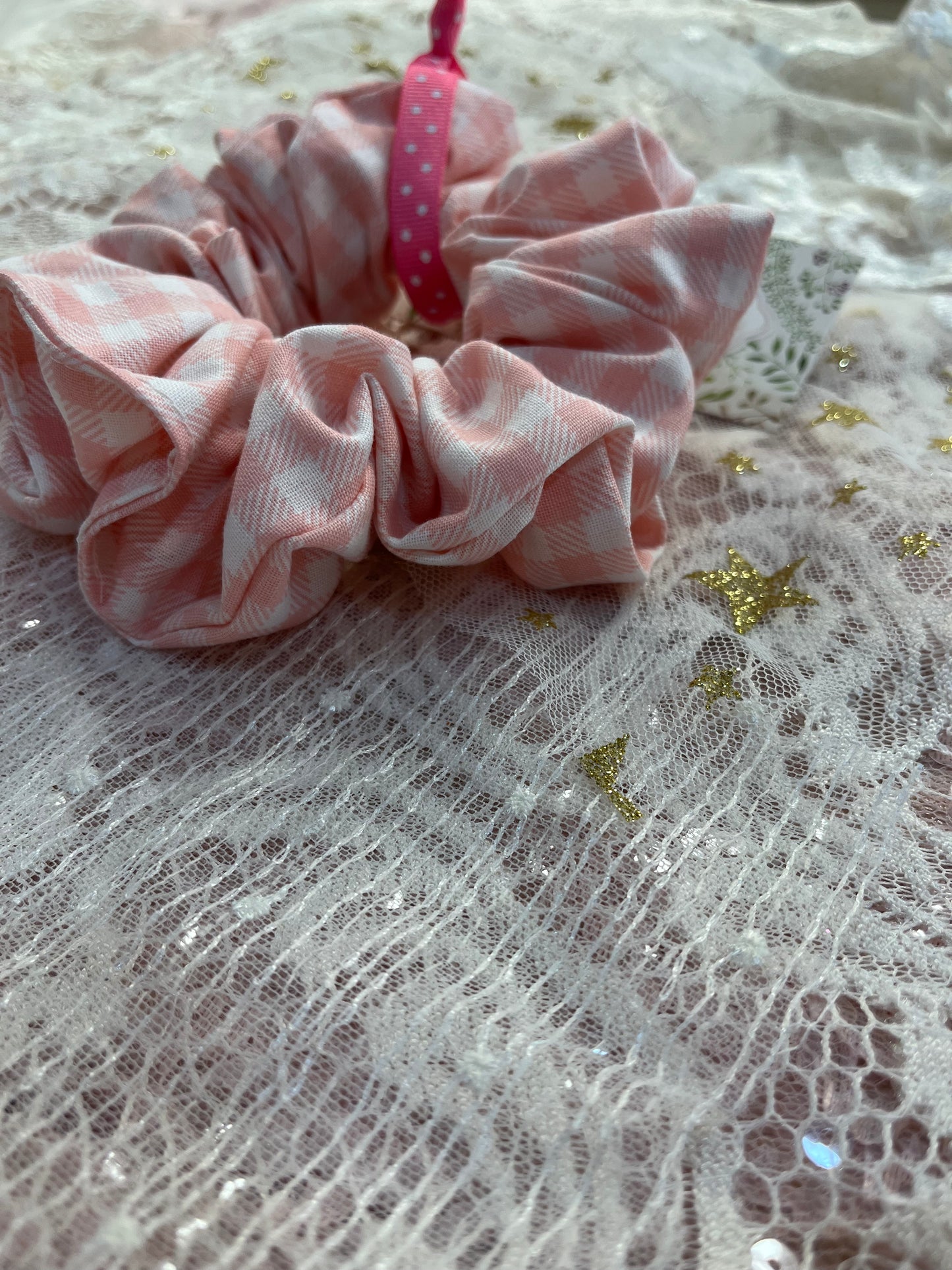 Pink Gingham Cotton Around The Bun Scrunchie
