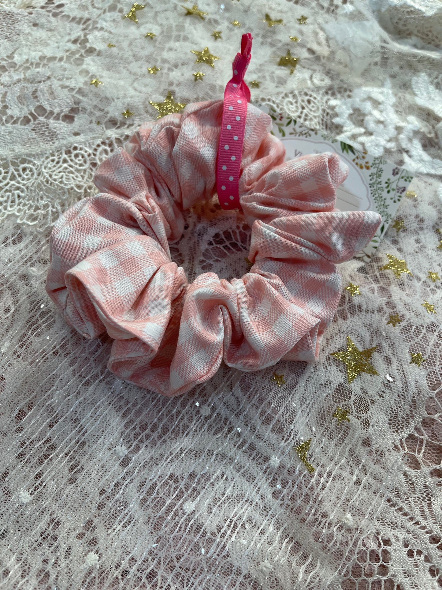 Pink Gingham Cotton Around The Bun Scrunchie
