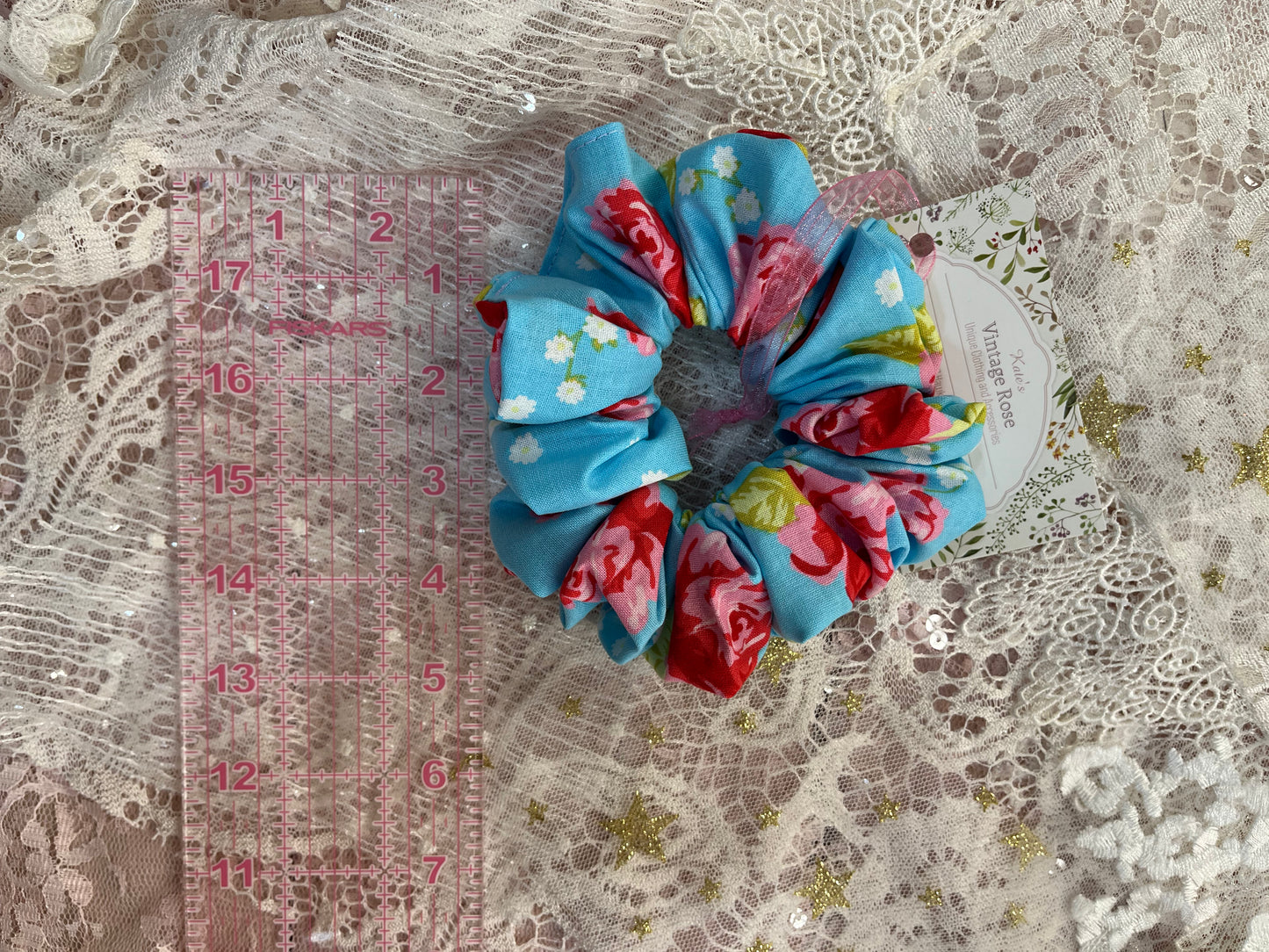 Blue Retro Flower Cotton Around The Bun Scrunchie