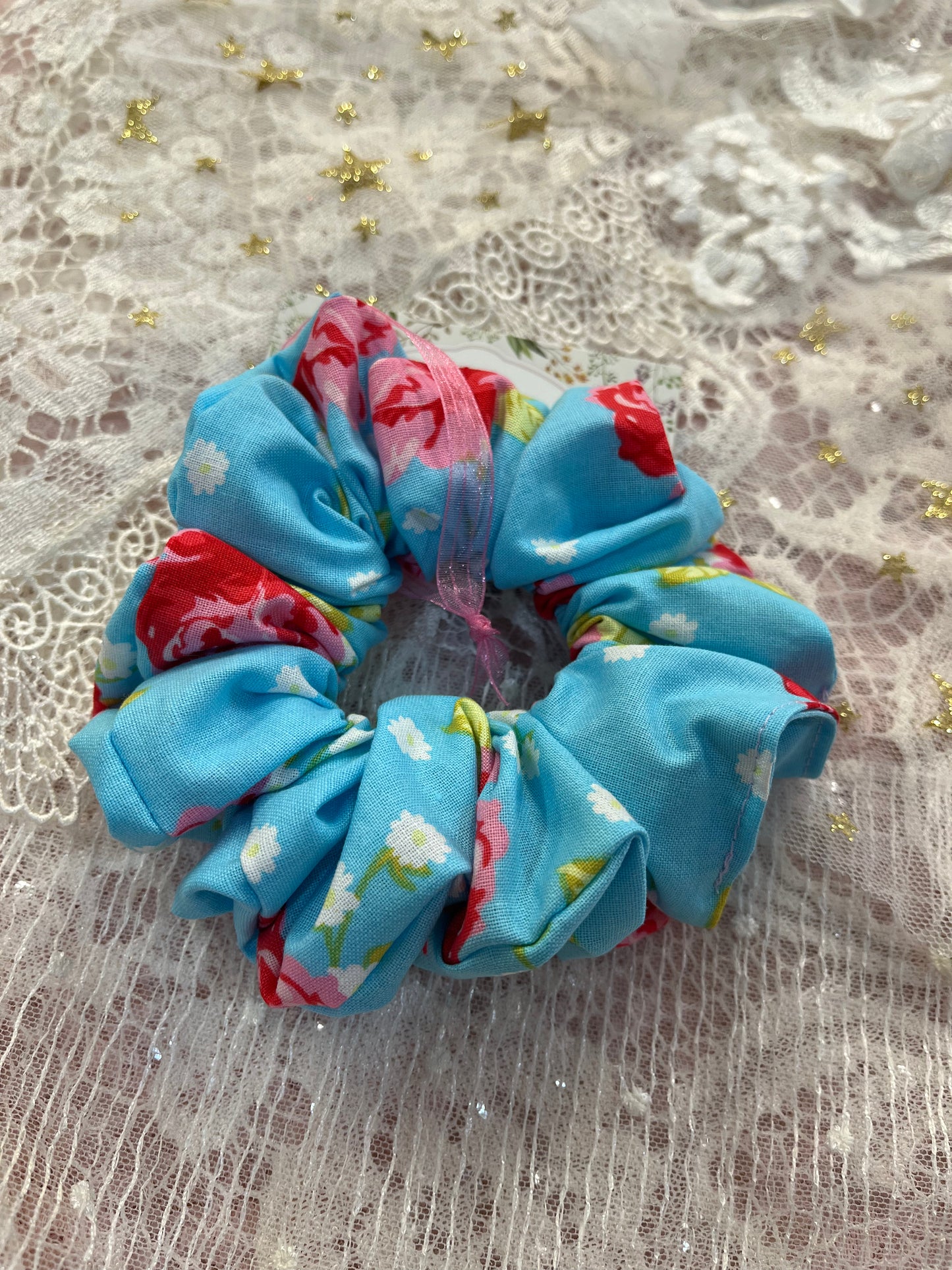 Blue Retro Flower Cotton Around The Bun Scrunchie