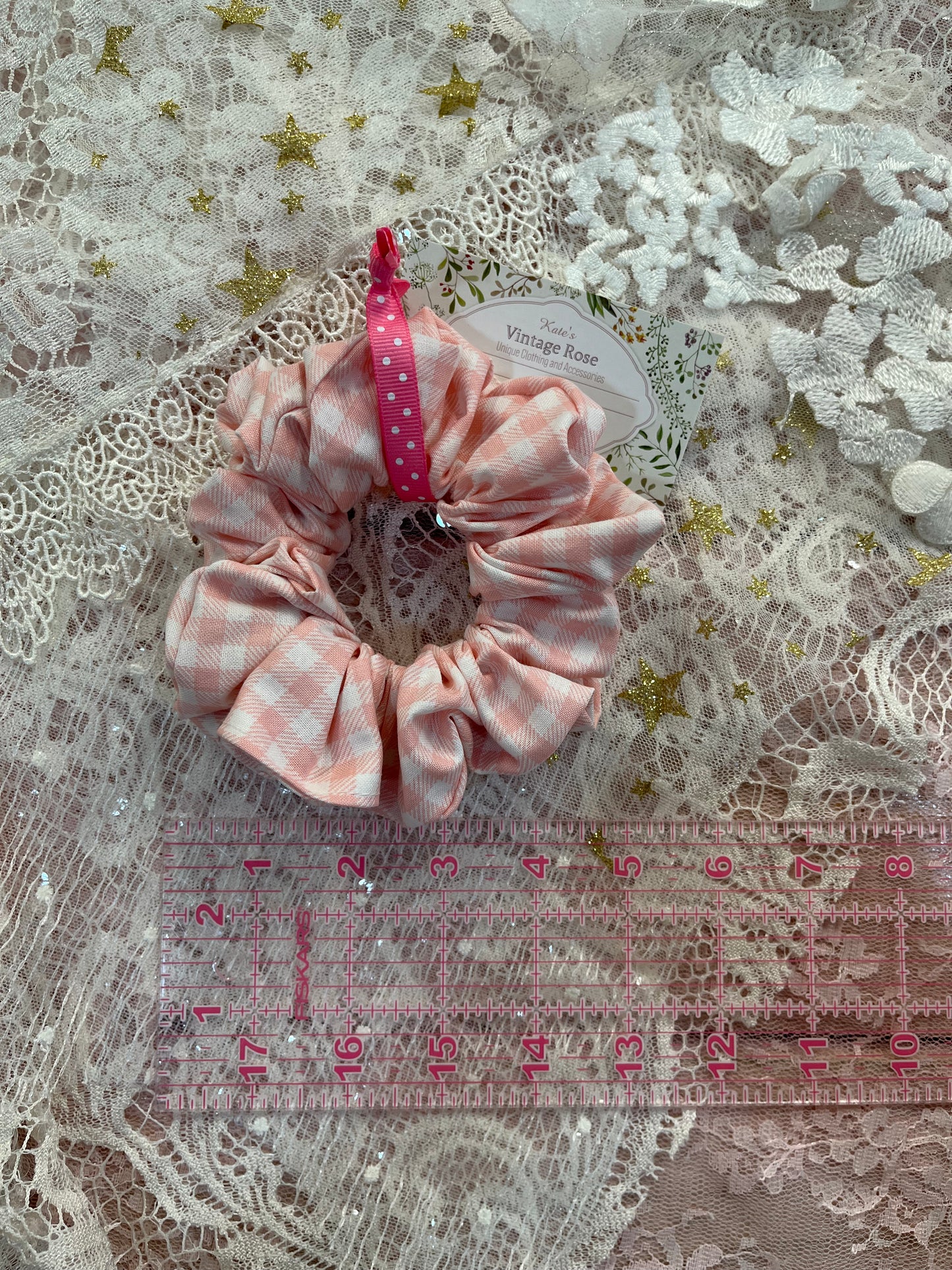 Pink Gingham Cotton Around The Bun Scrunchie