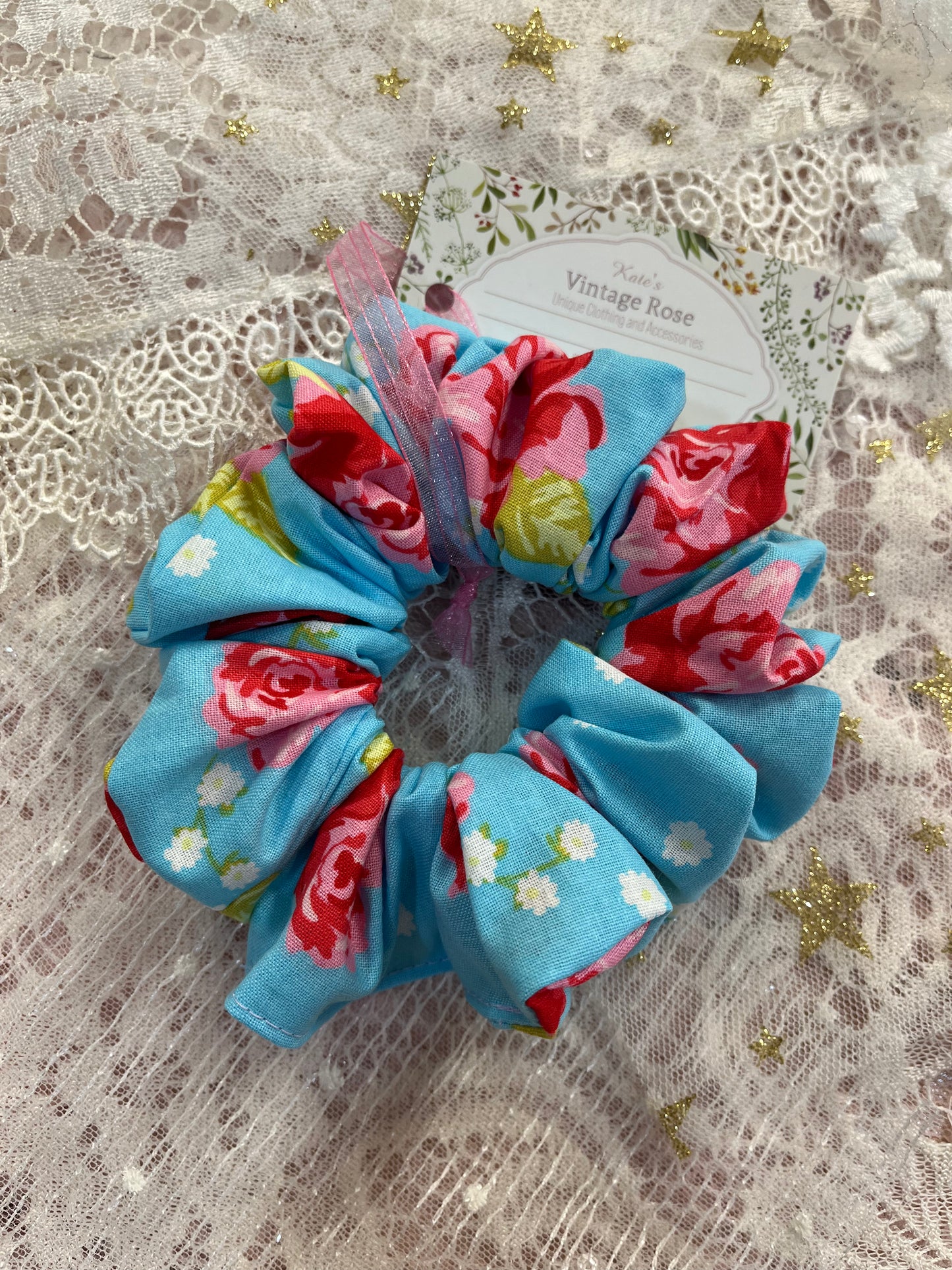 Blue Retro Flower Cotton Around The Bun Scrunchie