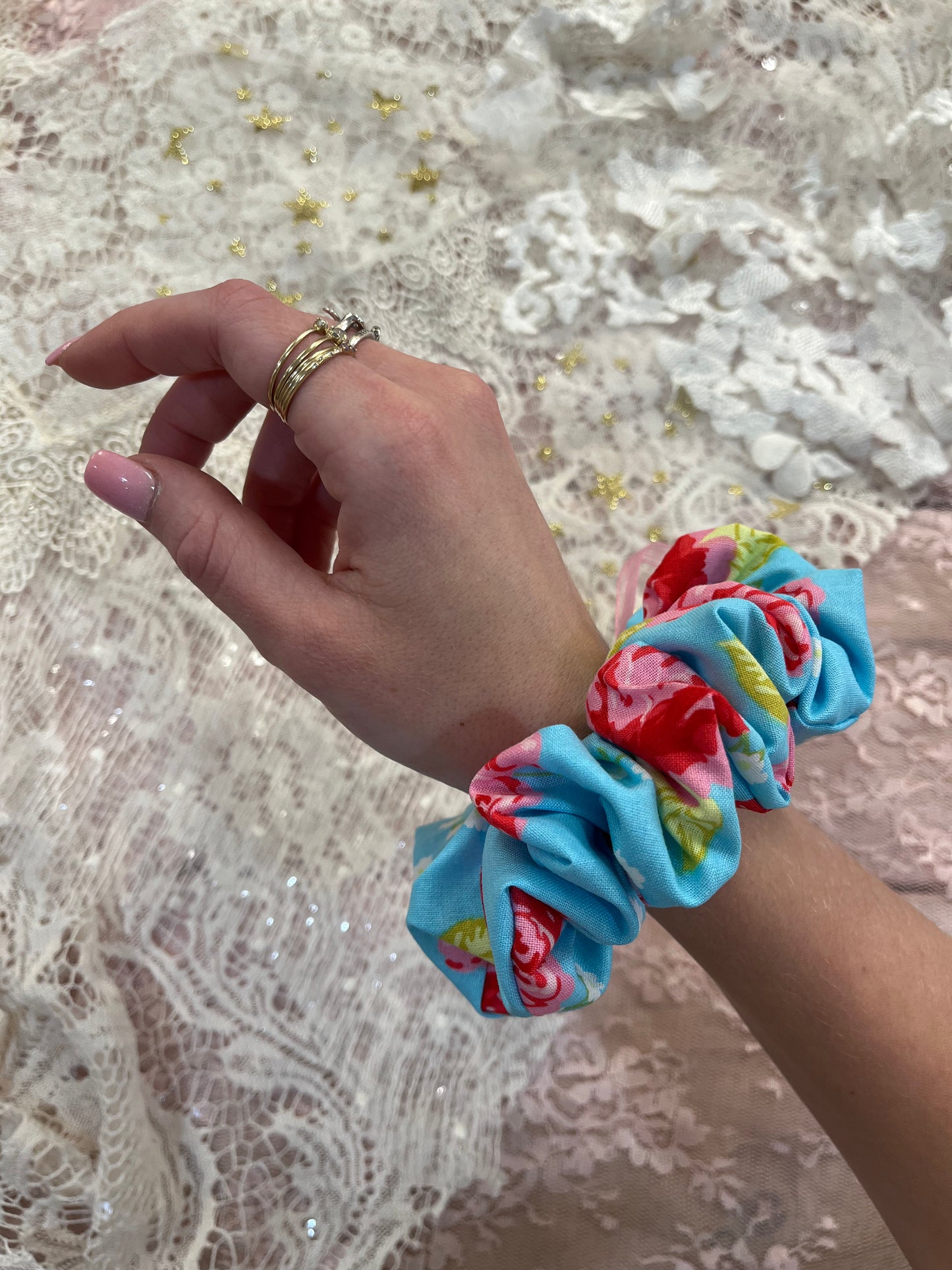 Blue Retro Flower Cotton Around The Bun Scrunchie