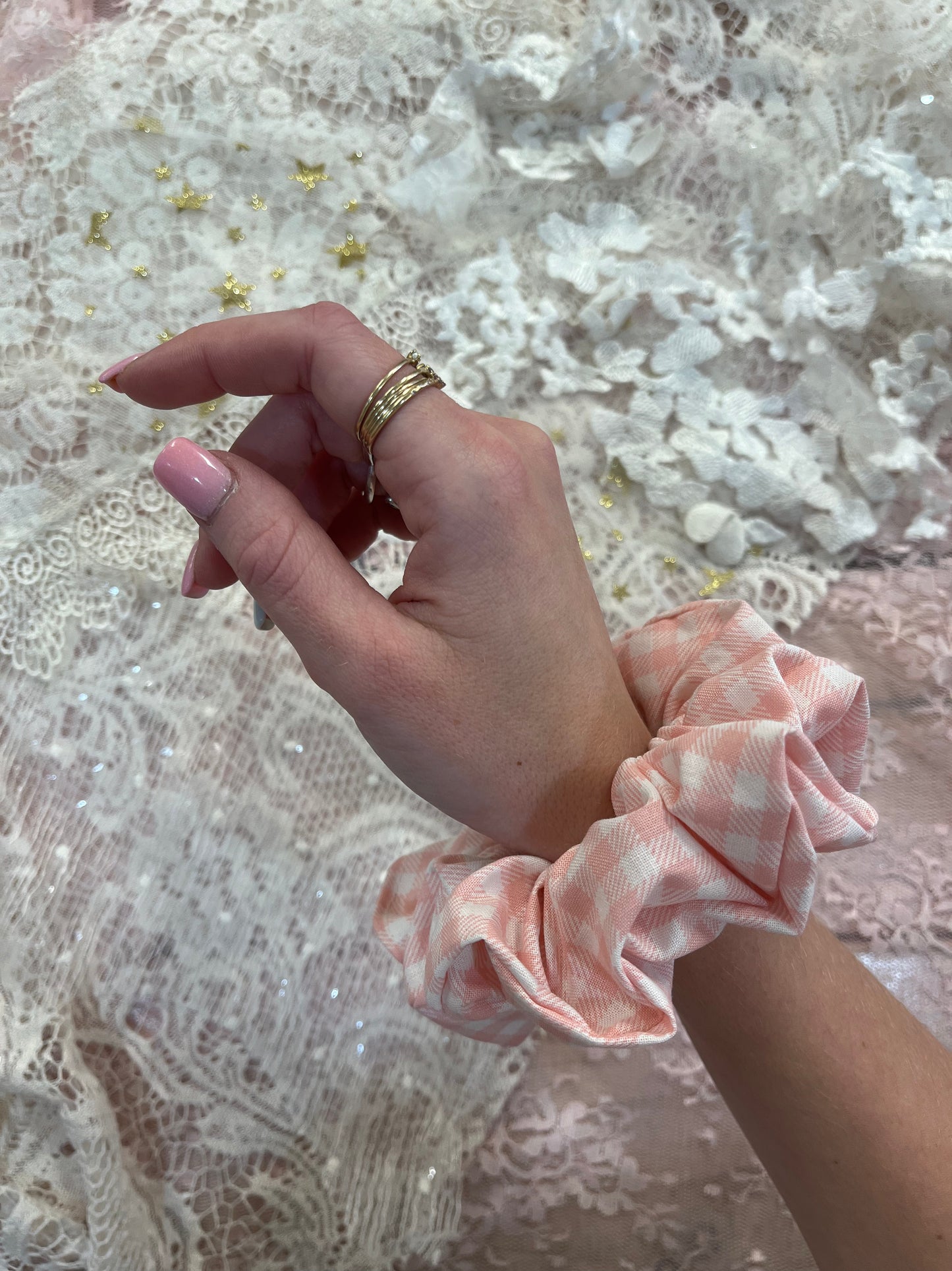 Pink Gingham Cotton Around The Bun Scrunchie