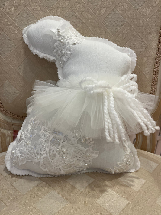 All White Cottage Rabbit Decoration, Sequin and Pearl Embellishments, Large