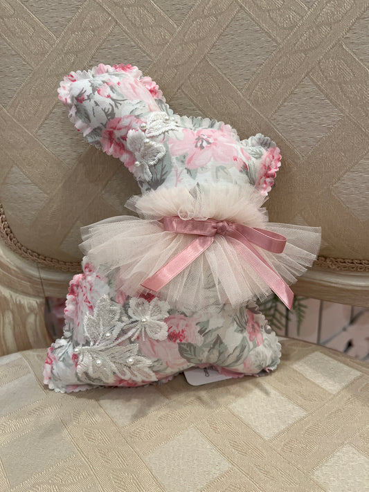 Cottage Rabbit Decoration - Small - large Pink Floral Print - Pearl and Sequin Embellishment