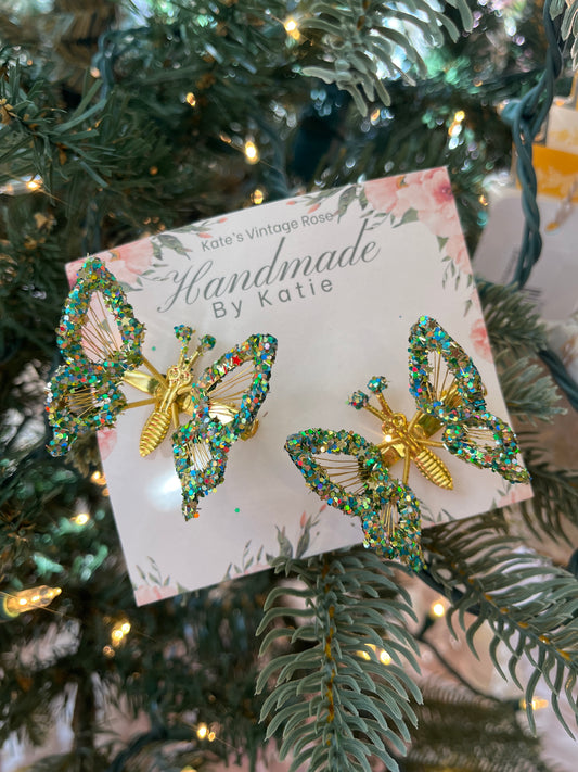 Bespoke Glitter Dipped Butterfly Hair Clip (Set of 2) Gold/Green