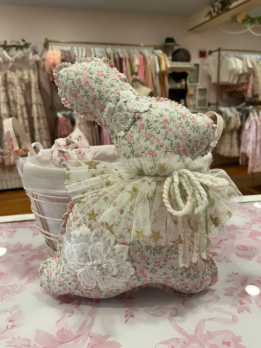 Pink & Green Classic Floral Print Bespoke Cottage Rabbit Decor -Yarn Bow- Pearl & lace appliqué