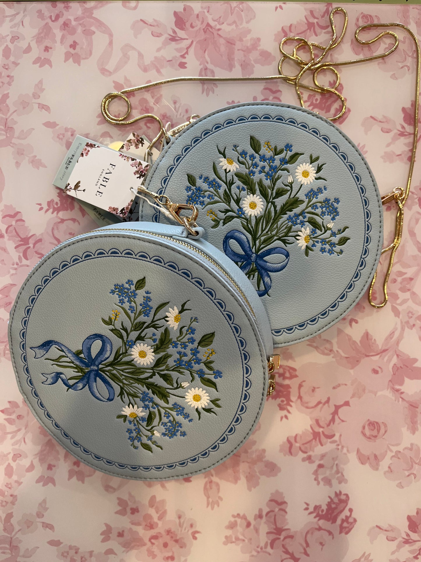 Isabel Floral Bow Blue Embroidered Circle Bag Fable England