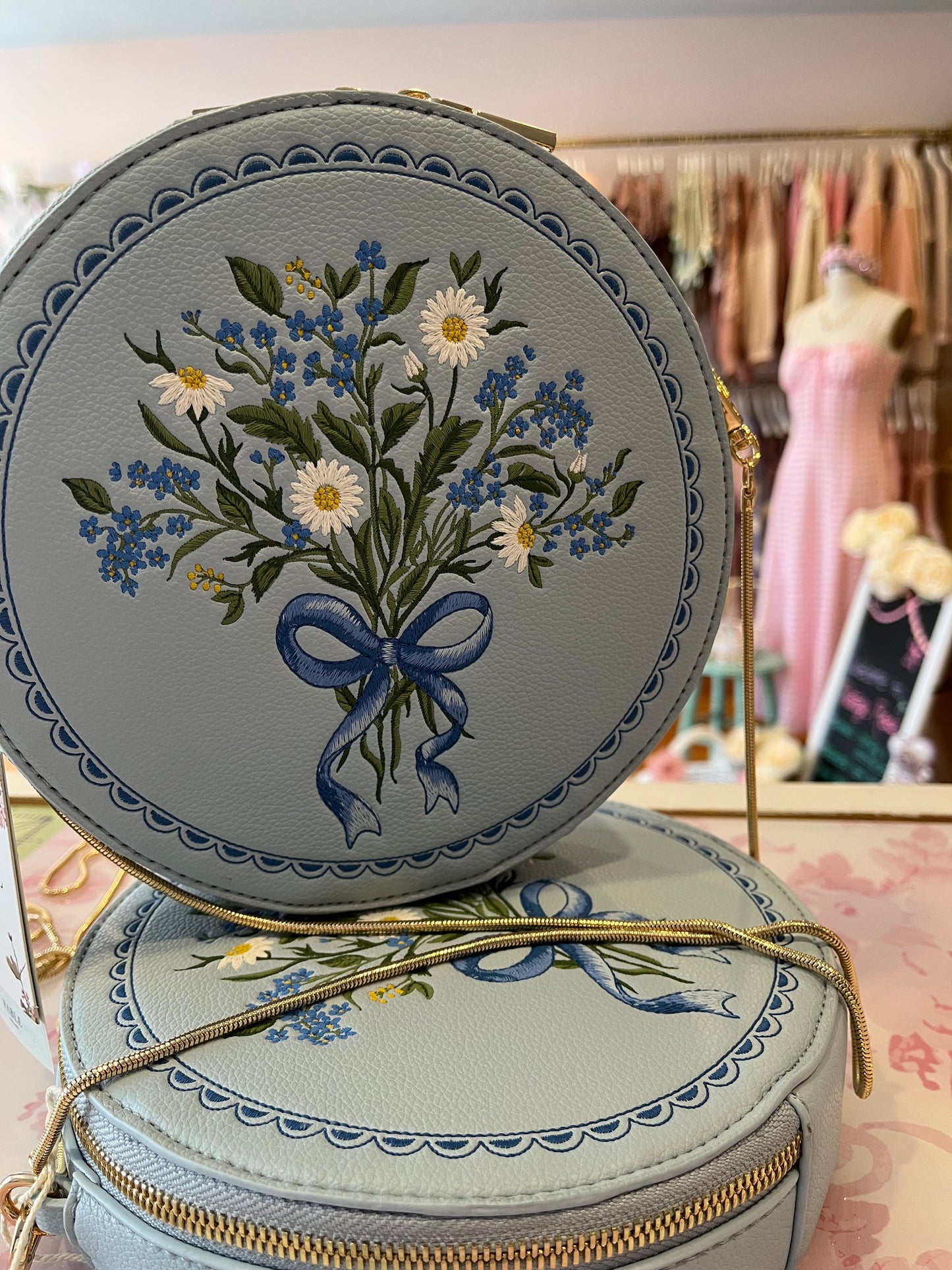 Isabel Floral Bow Blue Embroidered Circle Bag Fable England