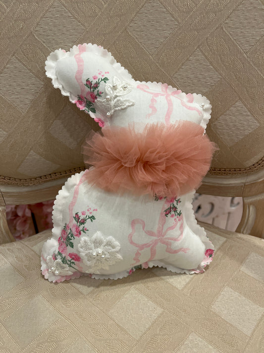Cottage Rabbit Decoration, Pink Bow and Floral Print Large, Pink Tulle and Pearl Embellishment