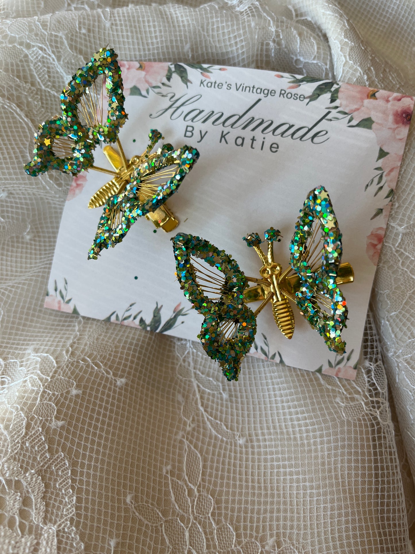 Bespoke Glitter Dipped Butterfly Hair Clip (Set of 2) Gold/Green