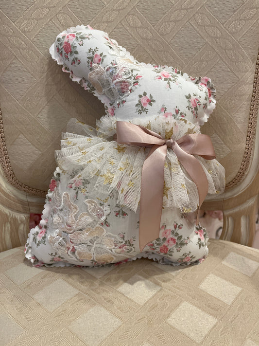Shabby Cottage Rose Print Large Rabbit with Blush/Ivory Sequin Lace