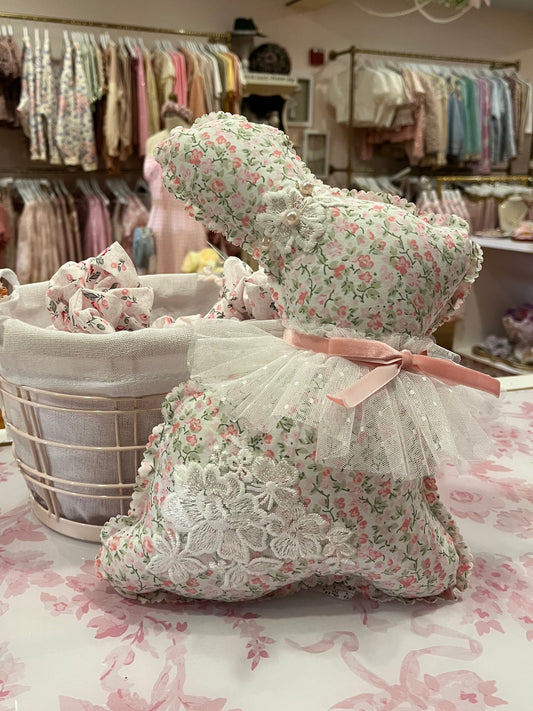 Pink & Green Classic Floral Print Bespoke Cottage Rabbit Decor -lace appliqué-Pink Pearl Details