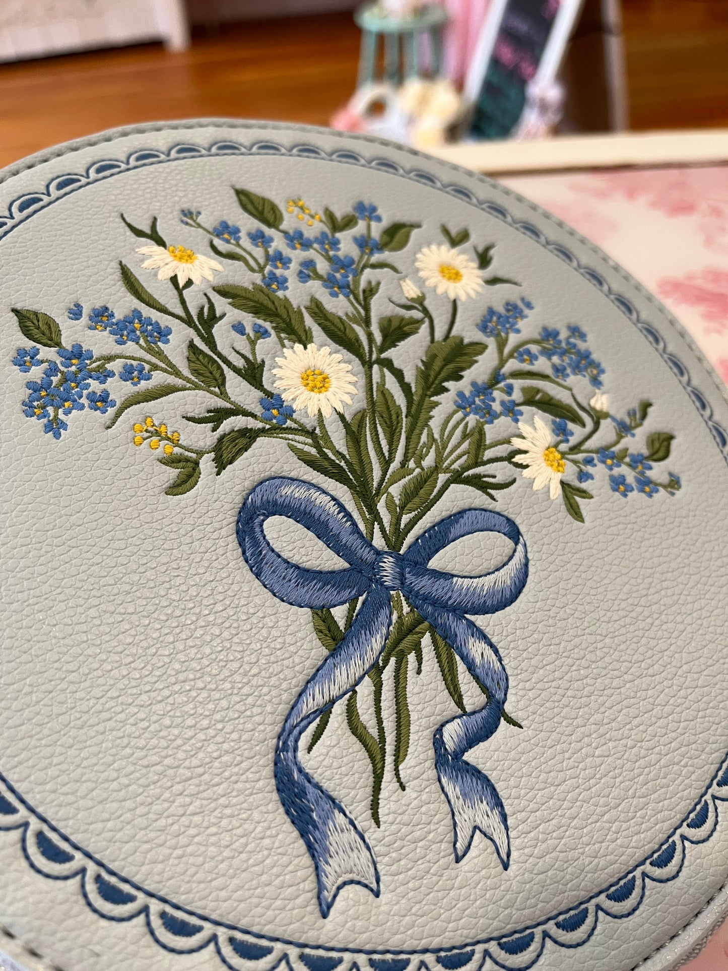 Isabel Floral Bow Blue Embroidered Circle Bag Fable England