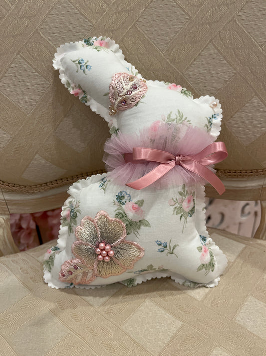 Delicate Pink and Blue Floral Small Cottage Rabbit Room Decor - Pearl and Rhinestone Embellishment