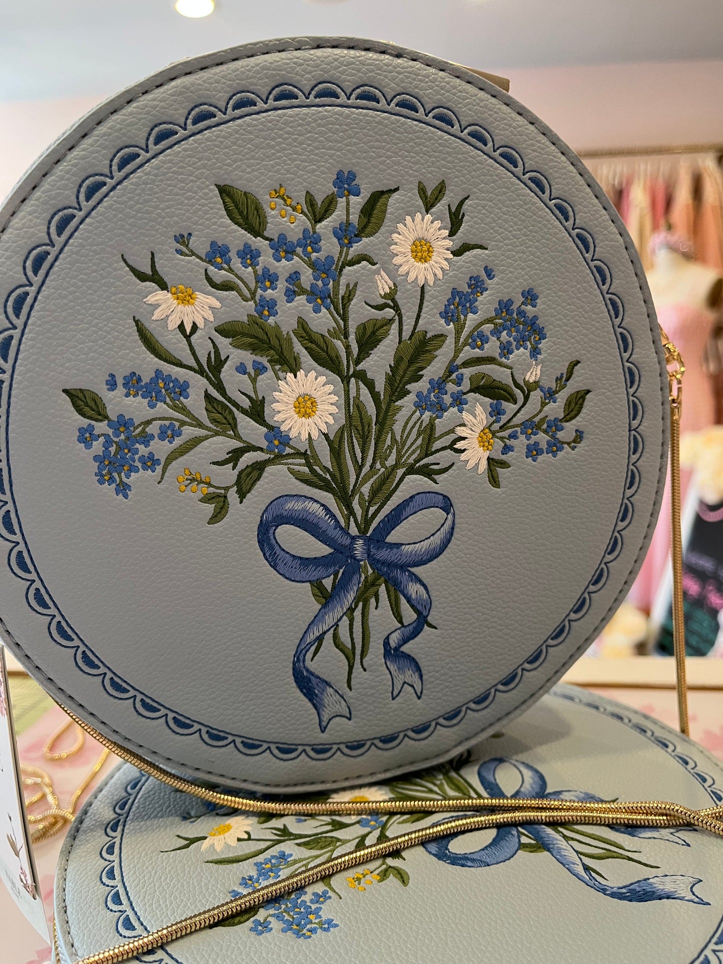 Isabel Floral Bow Blue Embroidered Circle Bag Fable England