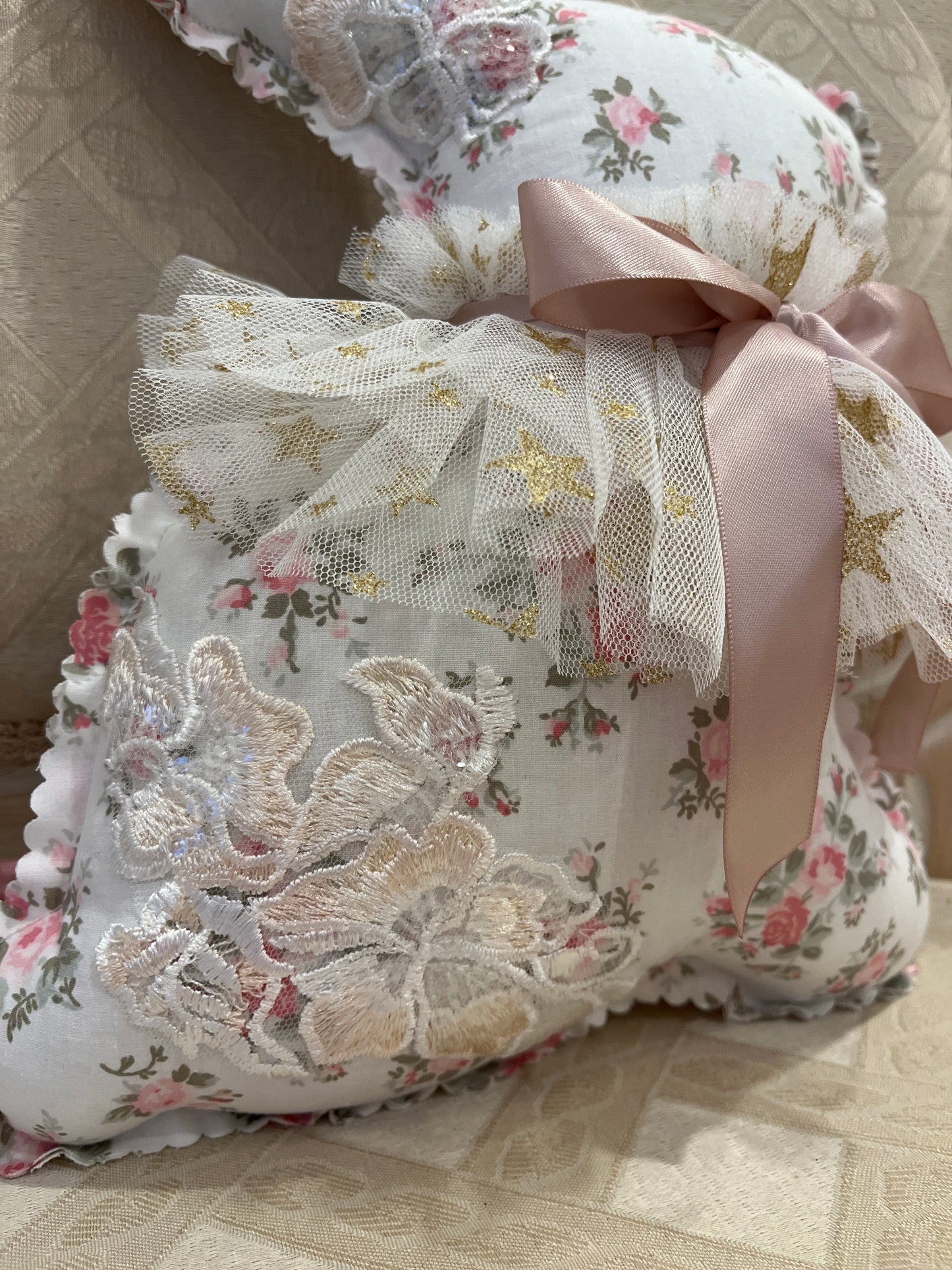 Shabby Cottage Rose Print Large Rabbit with Blush/Ivory Sequin Lace