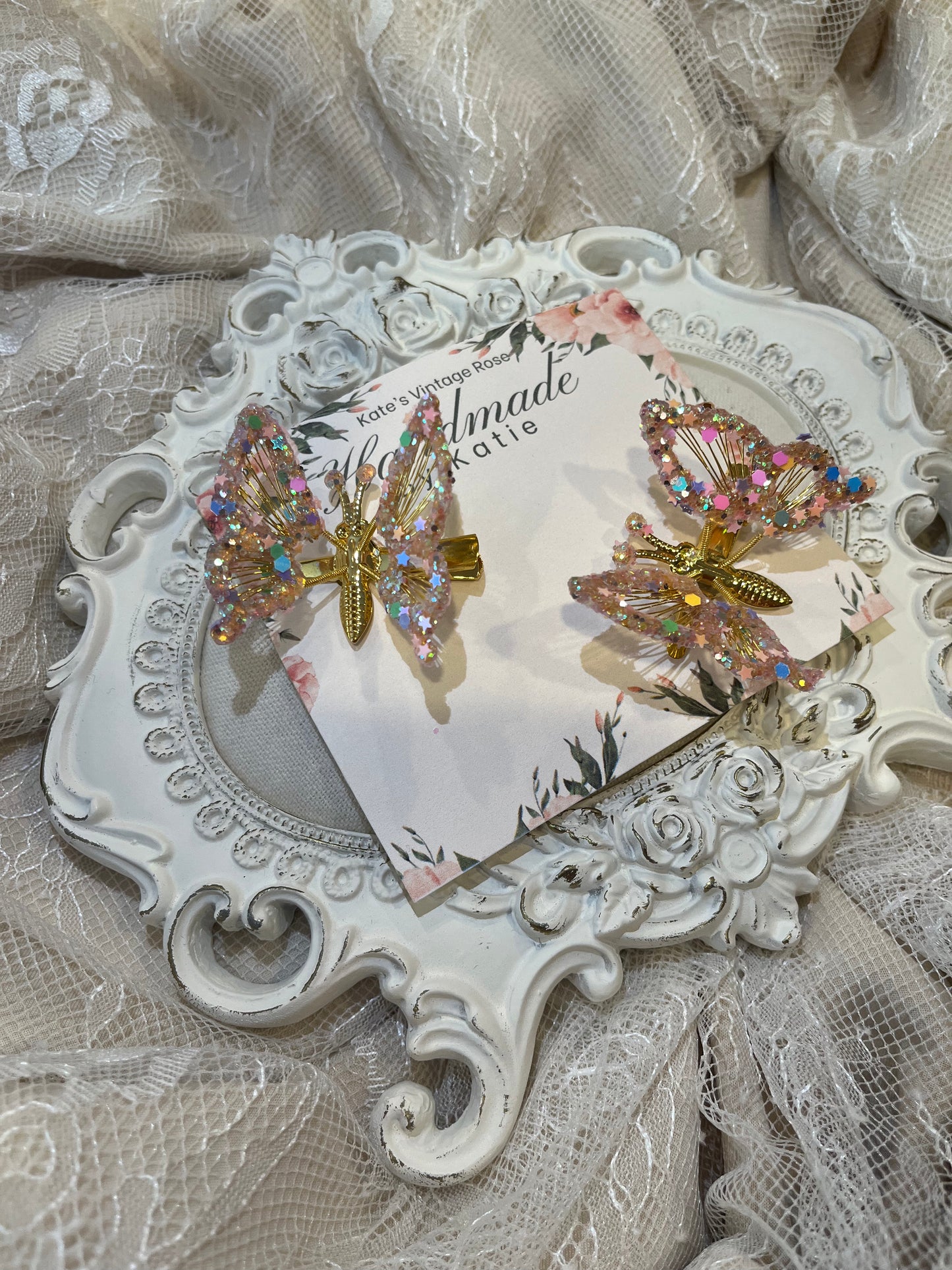 Bespoke Handmade Butterfly Hair Clip Set- Gold/Pink Confetti Glitter Dipped