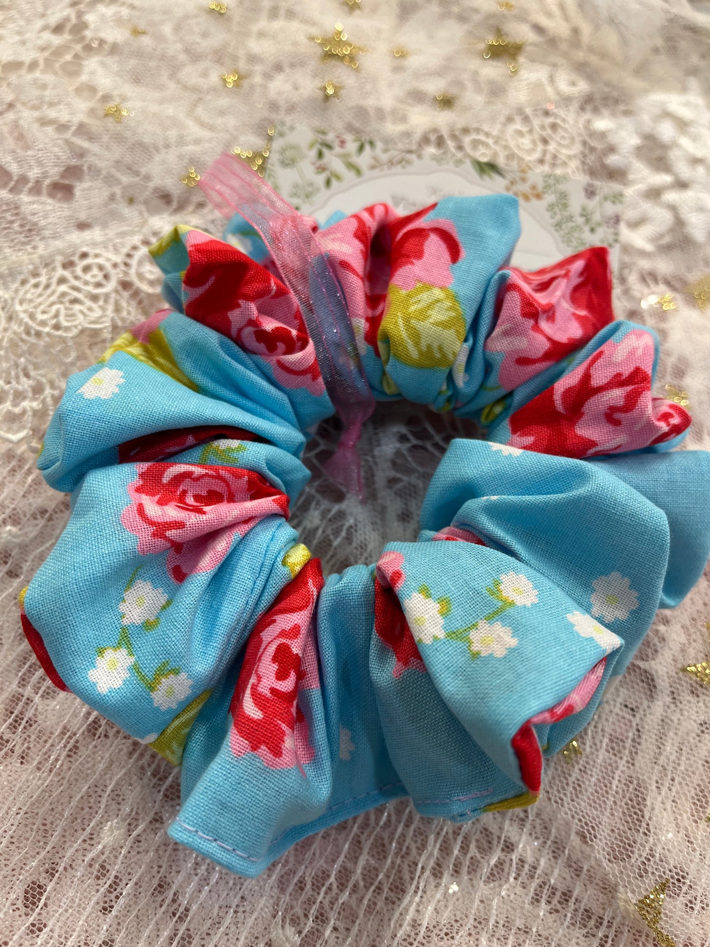 Blue Retro Flower Cotton Around The Bun Scrunchie