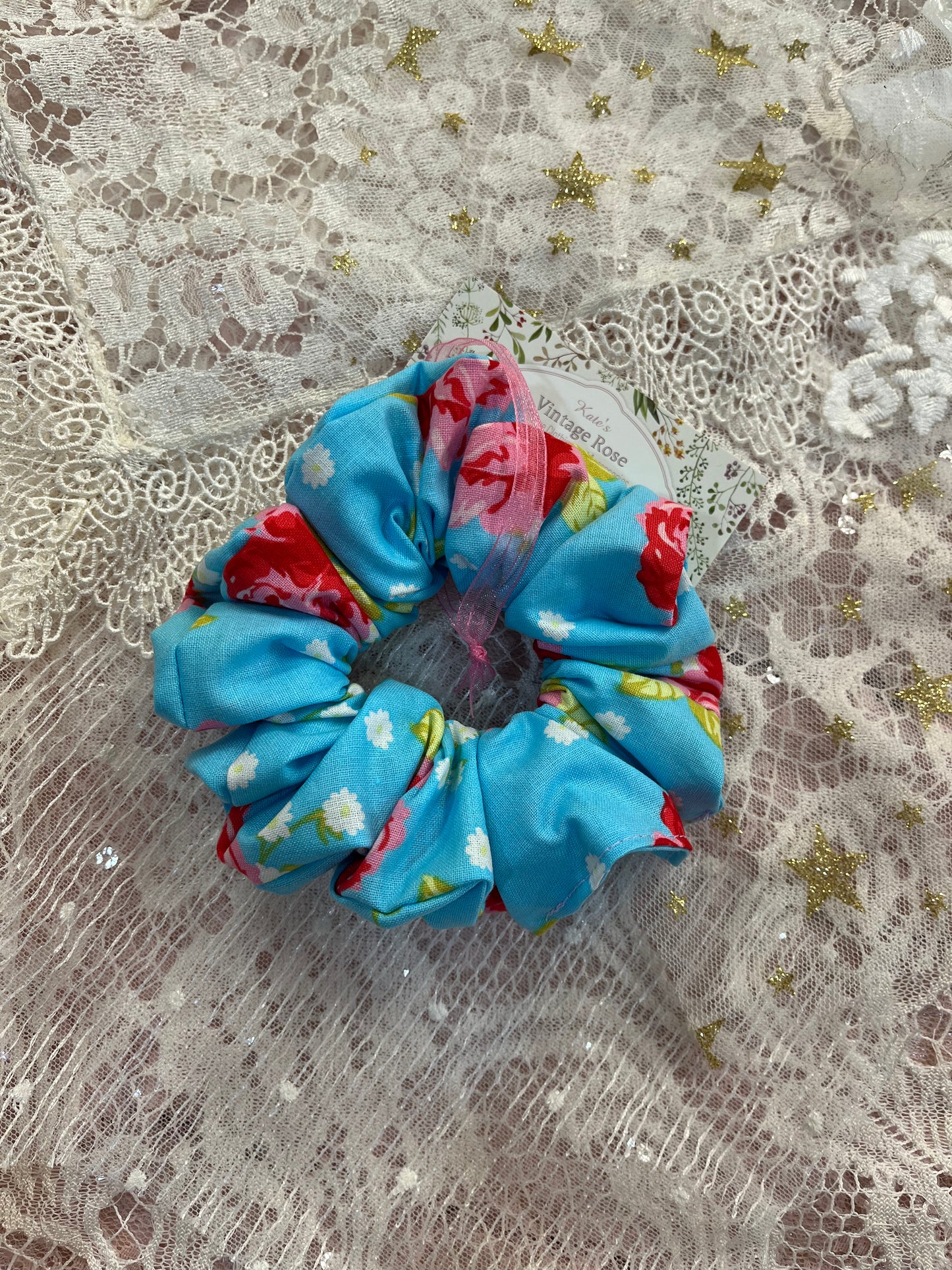 Blue Retro Flower Cotton Around The Bun Scrunchie